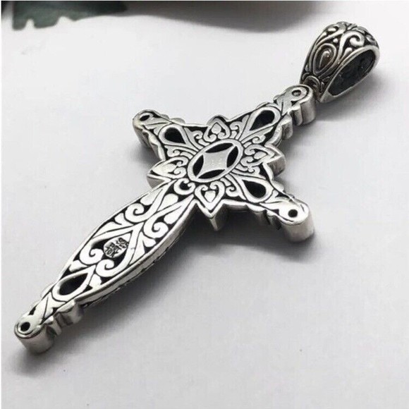 Samual Benham 18k Sterling Silver Garnet Cross Pendant - Picture 3 of 8